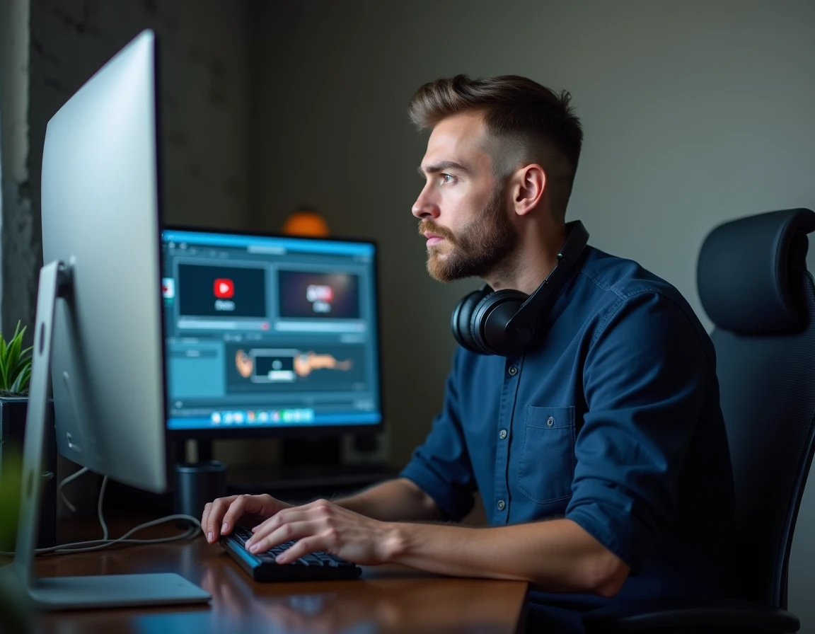 Homme avec casque audio utilisant un logiciel de conversion YouTube MP3 sur un bureau moderne avec deux écrans