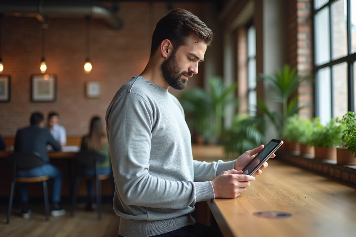 Jeune homme utilisant une tablette pour chercher un emploi sur une plateforme de recrutement dans un espace de coworking