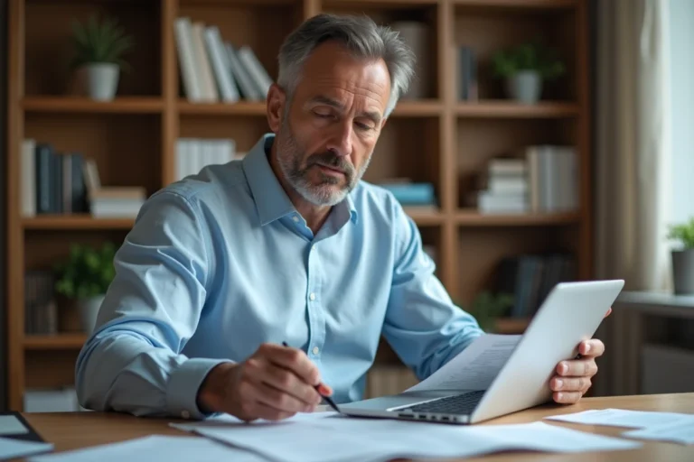 Homme consultant des documents fiscaux à son bureau pour supprimer l'annexe 2044 EB