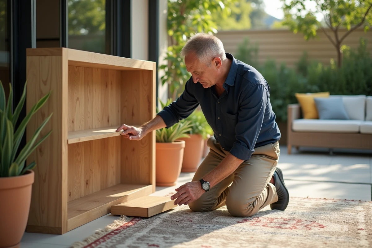 Homme assemblant une étagère en plein air dans le jardin