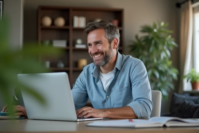 Homme d'âge moyen souriant utilisant un site auto à son bureau