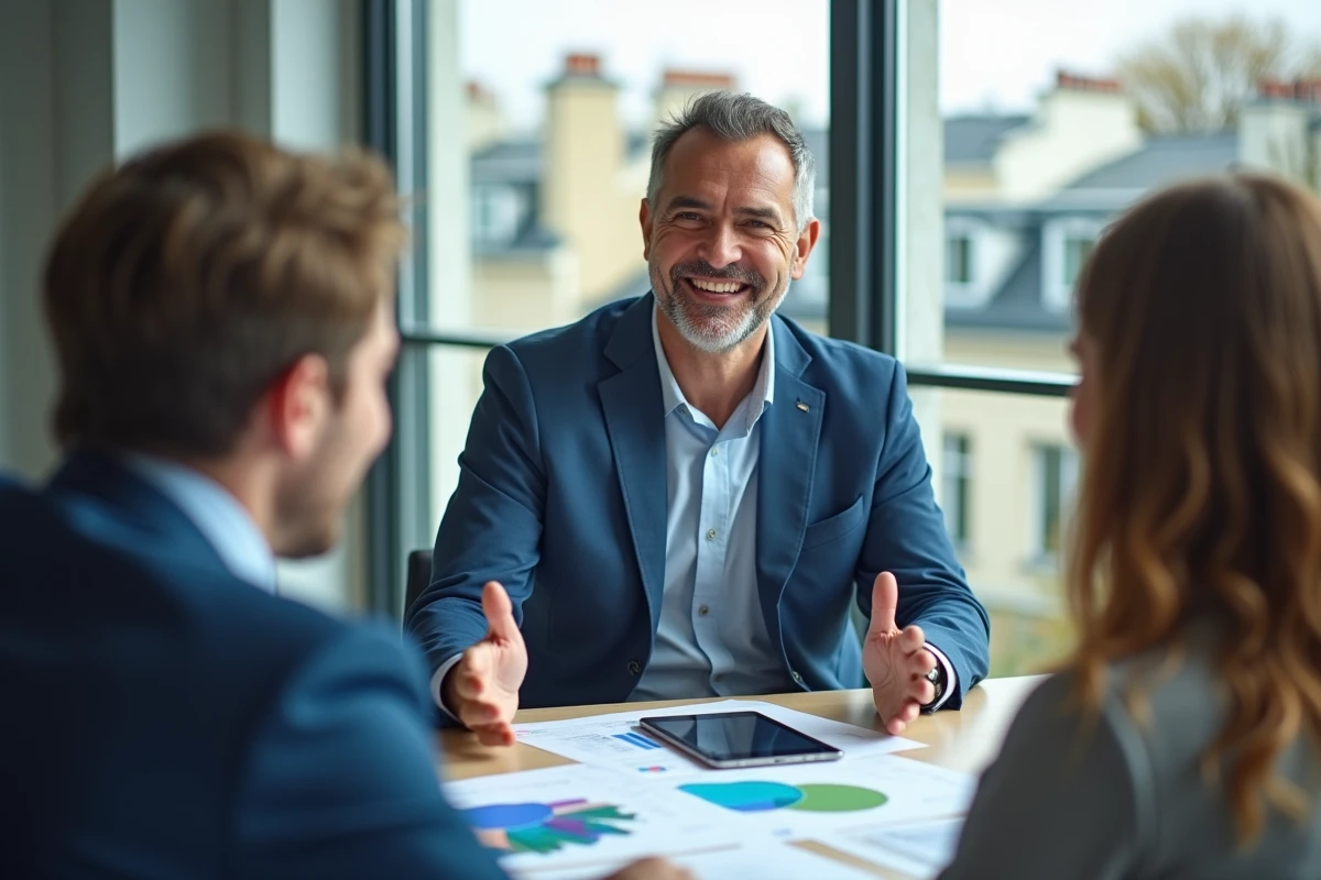 Homme français en blazer présentant des plans à ses collègues dans un bureau parisien