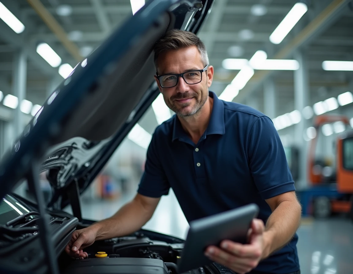 Ingénieur automobile masculin inspectant le moteur d'un SUV hybride dans une usine de fabrication moderne