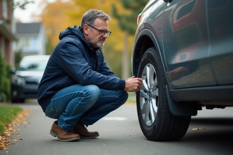 Homme inspectant un pneu M S d'une voiture en extérieur