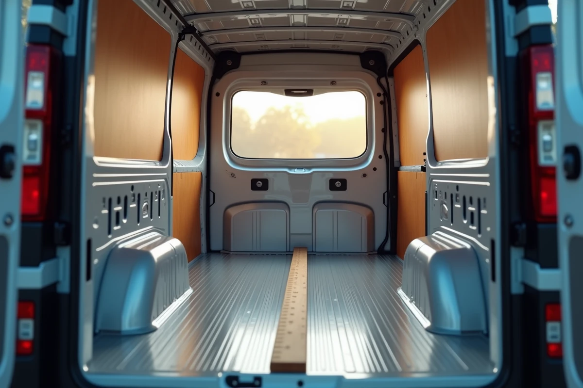 Intérieur vide du Trafic L2H1 avec règle pliante pour mesurer le volume et les dimensions du compartiment de chargement