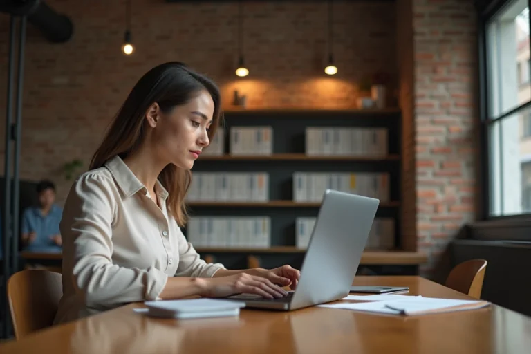 Jeune femme française travaillant sur son ordinateur dans un espace coworking