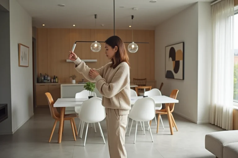 Jeune femme ajustant un luminaire LED dans un salon moderne