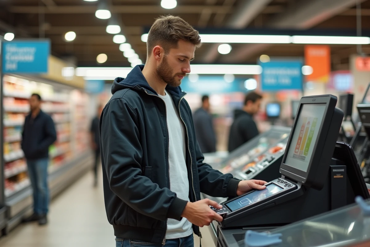 Jeune homme insérant une carte dans un terminal de paiement