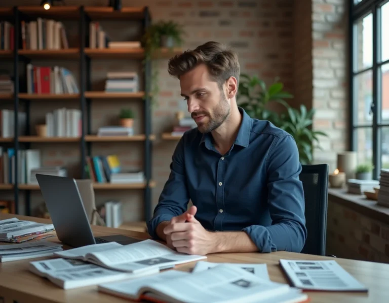 Journaliste masculin en chemise bleue travaillant dans un bureau éditorial moderne avec des articles imprimés et un ordinateur portable