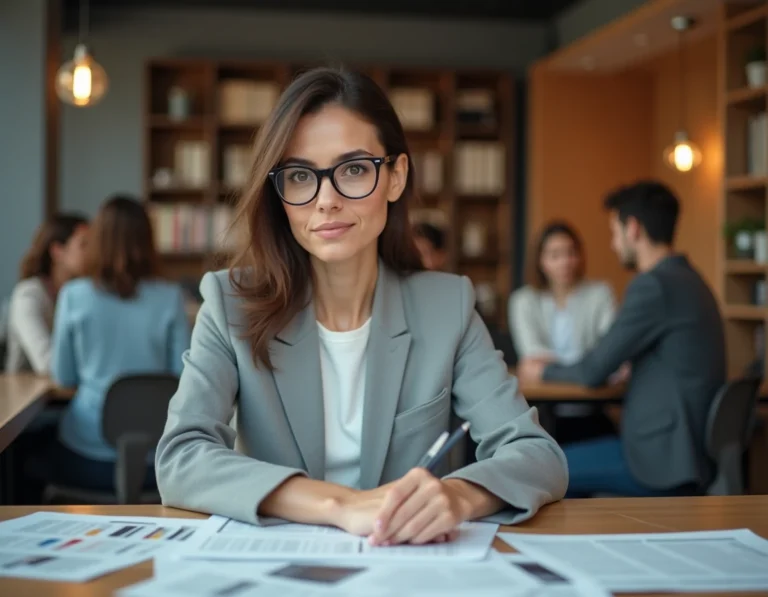 Journaliste femme analysant des articles de presse dans une salle de rédaction moderne pour mieux informer le public
