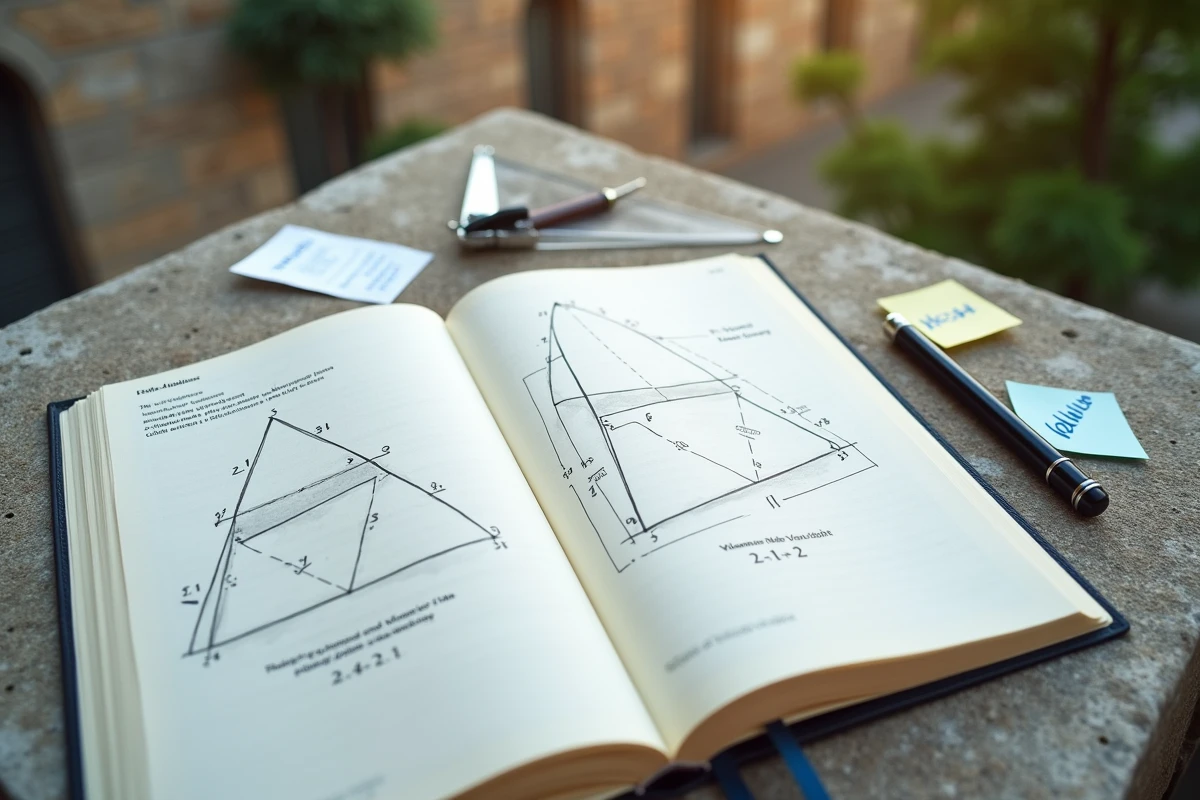 Vue rapprochée d'un manuel de géométrie ouvert sur un schéma de pyramide triangulaire avec des annotations manuscrites et des outils de mesure