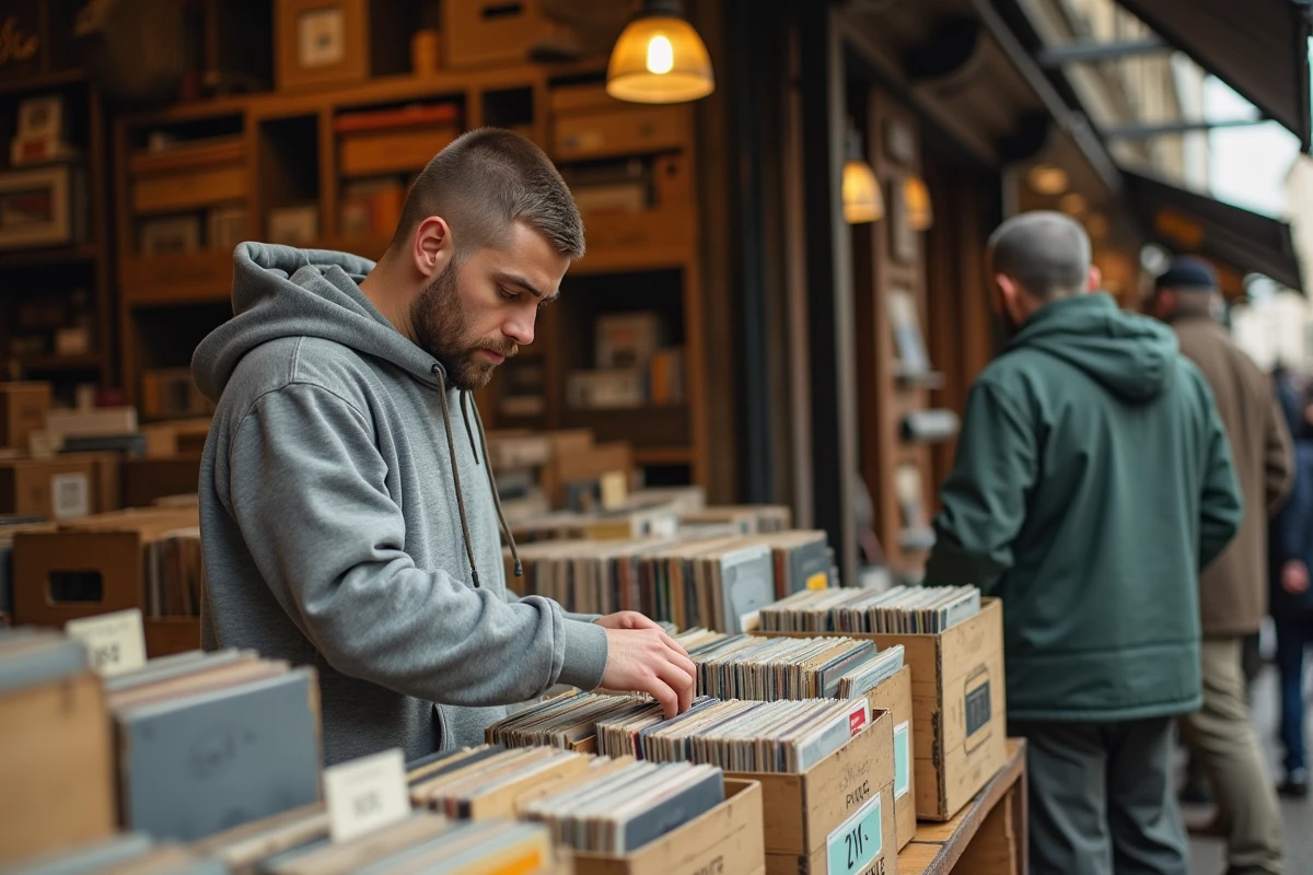 Homme fouillant des disques vinyles dans un marché aux puces parisien, ambiance brocante et culture musicale de rue