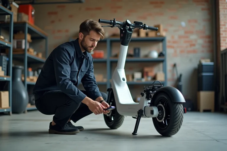Mécanicien inspectant le moteur d'un scooter électrique Super Soco dans un atelier urbain
