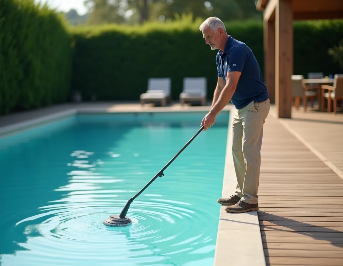 Homme nettoyant la surface d'une piscine limpide avec un filet écumoire sur une terrasse en bois moderne