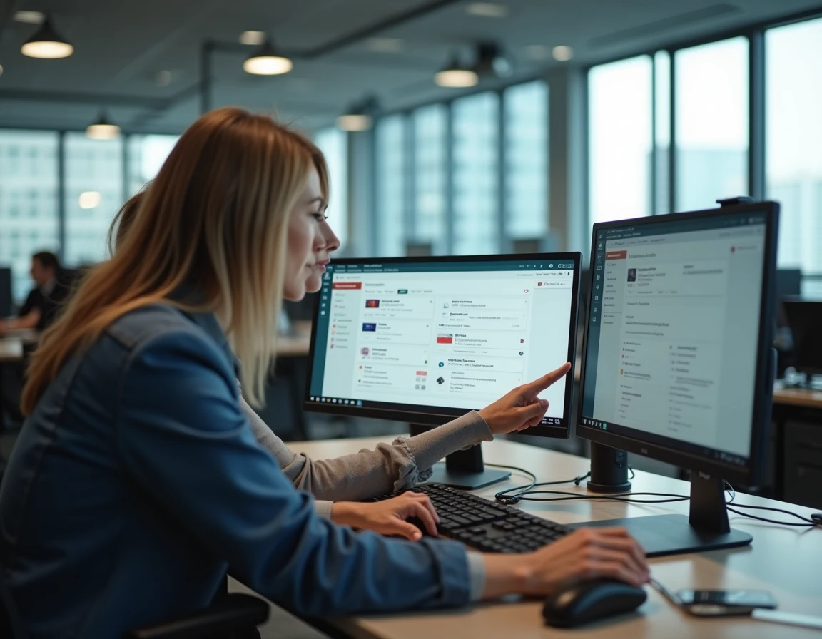 Deux collègues consultant et optimisant leur organisation via un tableau de bord en ligne dans un bureau en open space
