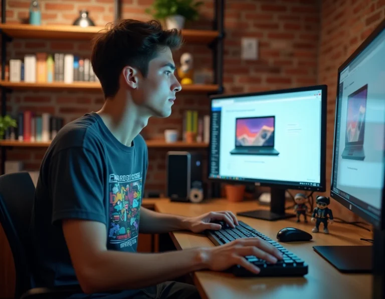 Jeune homme passionné de high-tech travaillant sur des tendances web dans un bureau geek moderne avec double écran et objets de culture pop