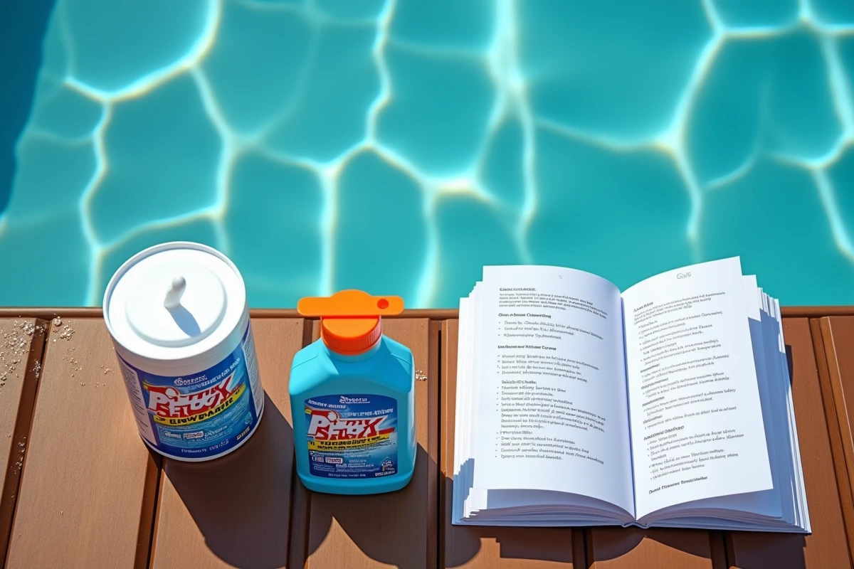 Vue en plongée de produits d'entretien piscine dont du chlore choc et du chlore lent posés sur un bord en bois avec un guide de traitement de l'eau