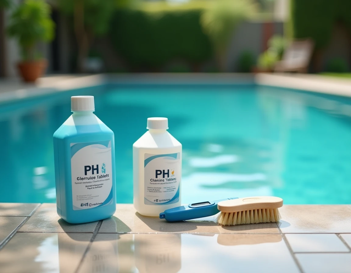 Produits d'entretien de piscine disposés au bord d'une piscine aux eaux claires : chlore, pH, testeur numérique et brosse