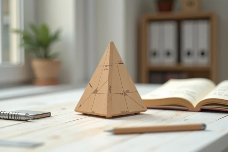 Modèle en bois d'une pyramide à base triangulaire posé sur un bureau avec un cahier de formules mathématiques manuscrites