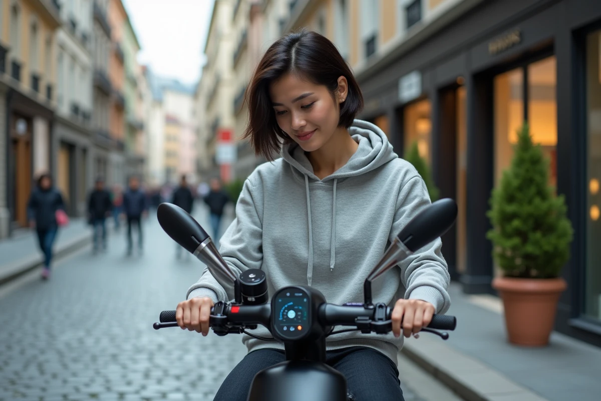 Femme configurant une application de réglage sur un scooter Super Soco en ville
