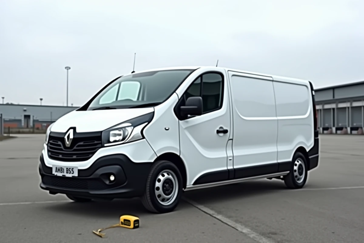Renault Trafic L2H1 garé de trois quarts avec ruban de mesure illustrant ses dimensions extérieures