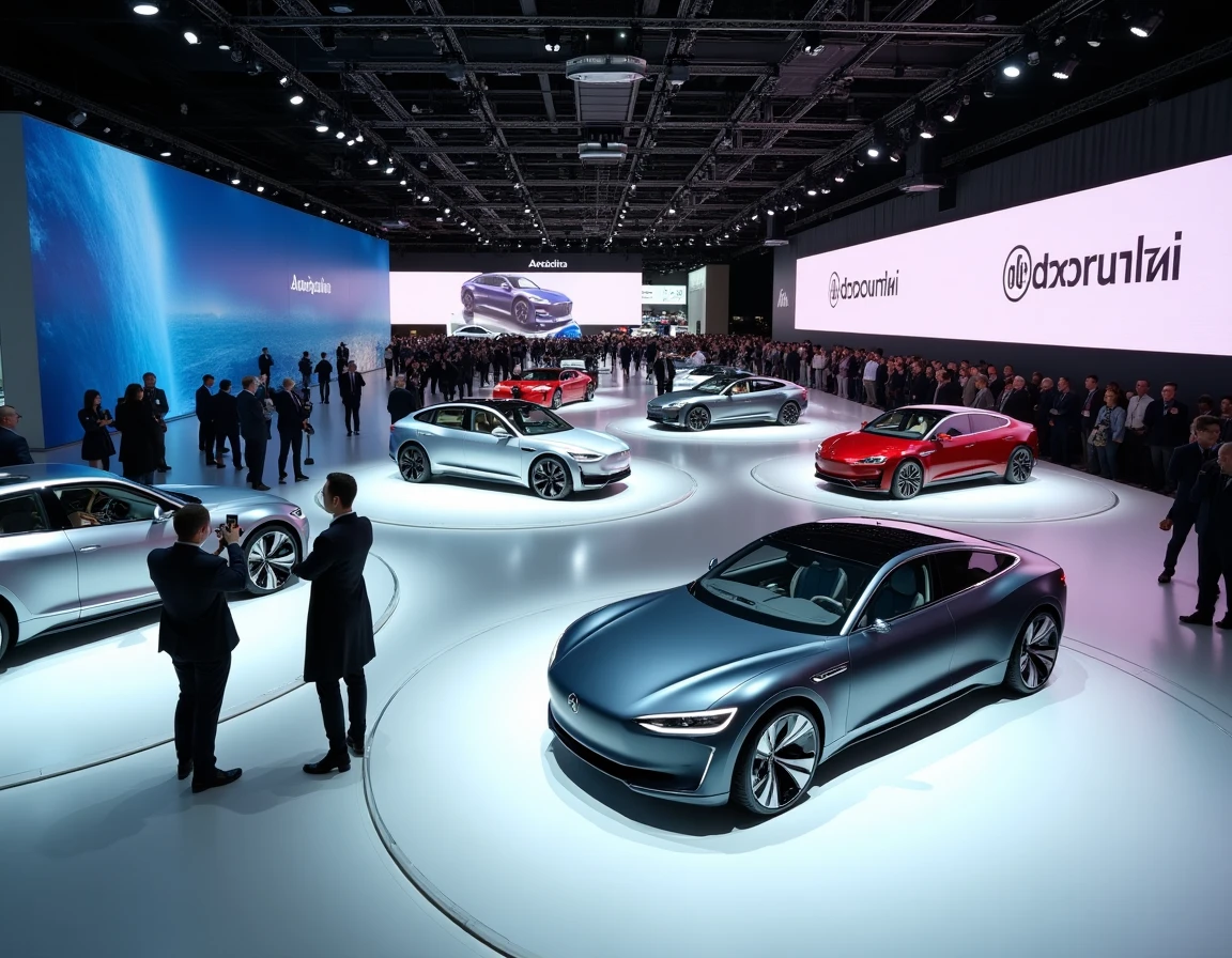 Salon international de l'automobile 2024 avec voitures électriques et de luxe exposées et visiteurs en train d'explorer les stands