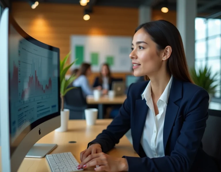 Professionnelle analysant des données de marketing digital sur un grand écran incurvé dans un bureau moderne en 2024