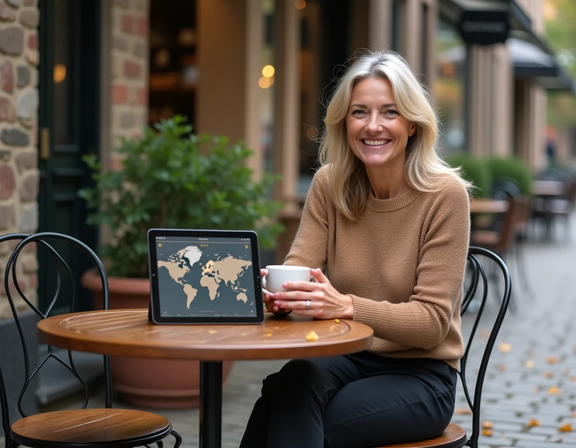 Femme passionnée de météorologie consultant des données climatiques dans un café en terrasse