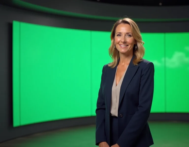 Présentatrice météo professionnelle devant un écran vert dans un studio de télévision moderne